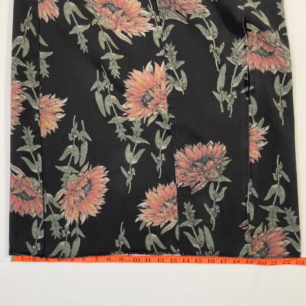 Vintage Lovey U-Dear Floral Midi Skirt Black Sunflower Print Raw Hem Slit Size L - Picture 8 of 14